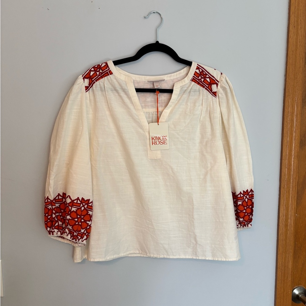 Knox Rose Cream Blouse with Red Embroidery